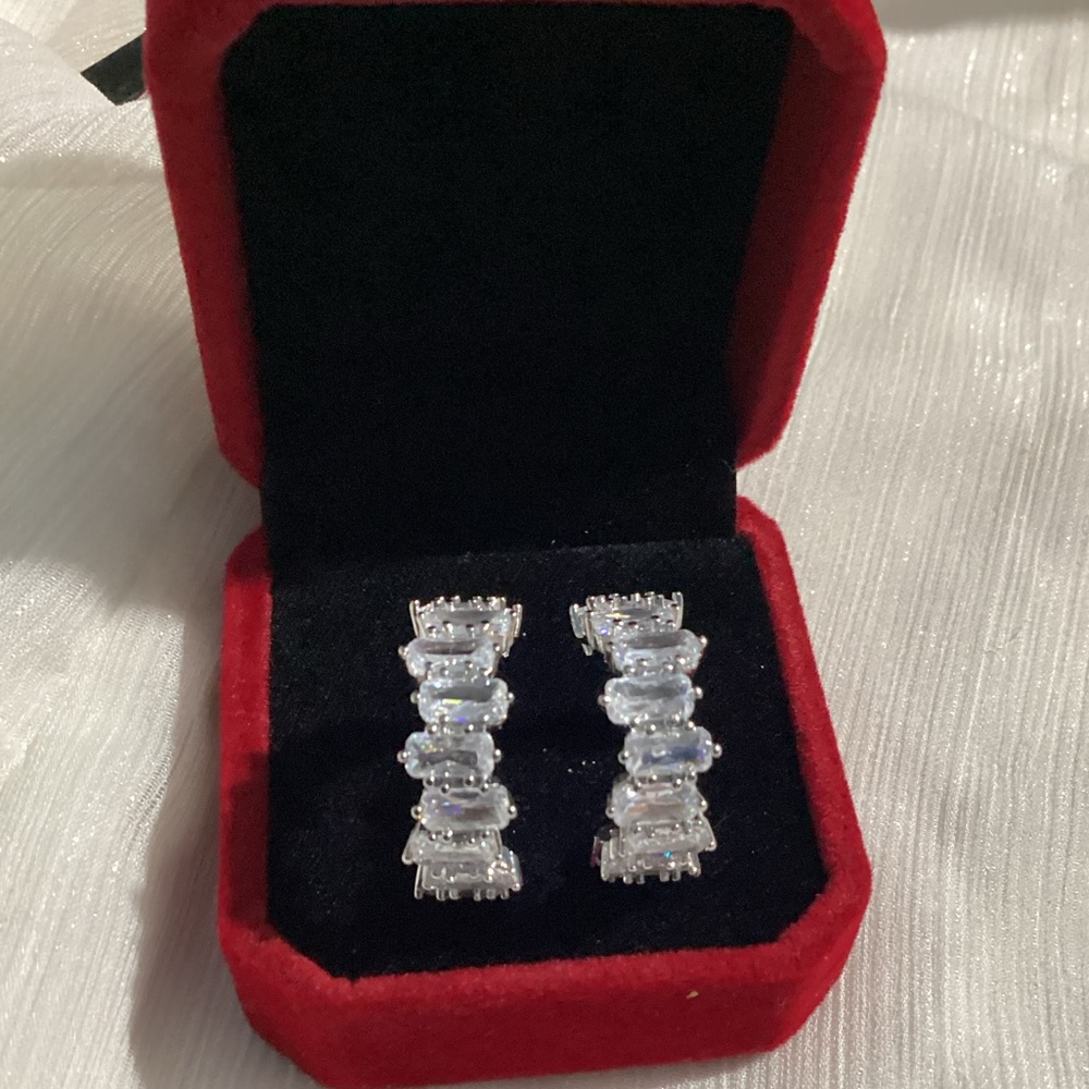 Silver Baguette CZ Hoop Earrings | Sparkly Luxury Iced Out Style